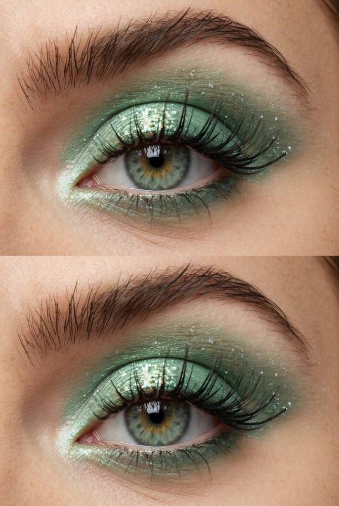Mint green shimmer eyeshadow with soft glitter detailing and subtle blending—perfect for a dreamy birthday party eye makeup idea.