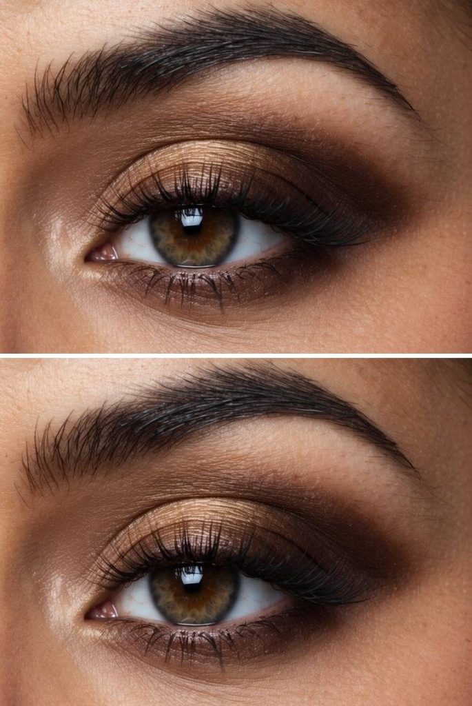 Close-up of brown smokey eye makeup idea with candlelit caramel shimmer on the lid and a soft brown gradient smoked outward across the crease and corners