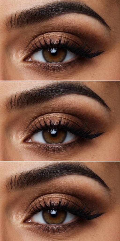 Close-up of brown smokey eye makeup idea with warm bronze shimmer and cinnamon-brown tones softly diffused around the eyelid for a blended, glowy effect