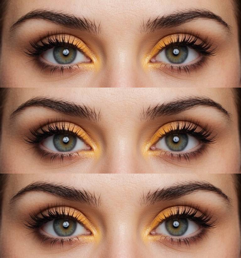 Eye makeup with shimmery yellow shadow focused on the inner corner and eyelid, showing a vibrant twist on a basic eye makeup idea.