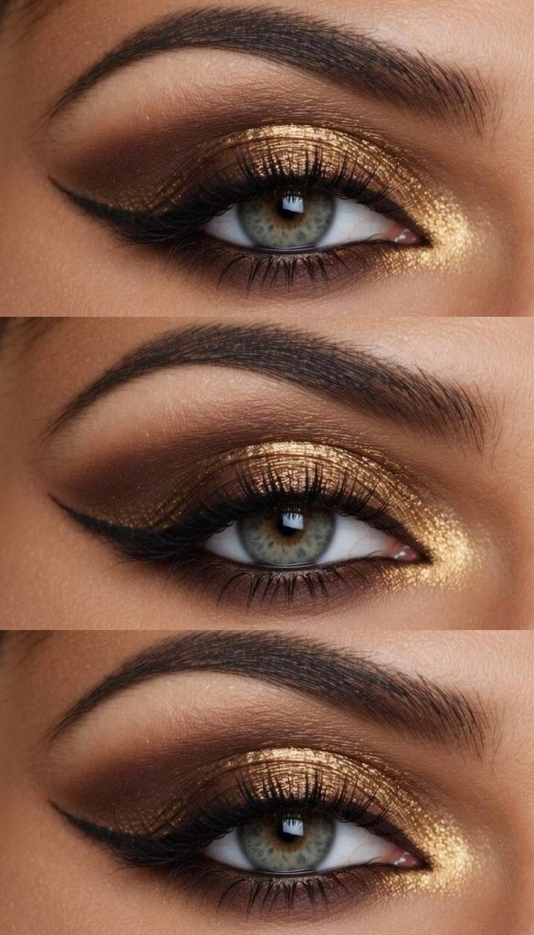 Close-up of brown smokey eye makeup idea featuring foil gold shimmer on the eyelid, matte brown crease work, and sharp black eyeliner