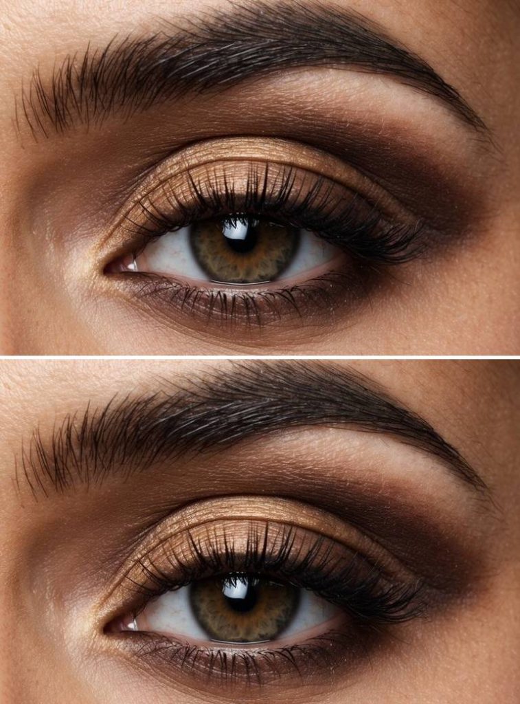 Close-up of brown smokey eye makeup idea with golden shimmer on the lid, warm matte brown in the crease, and a softly blended outer edge