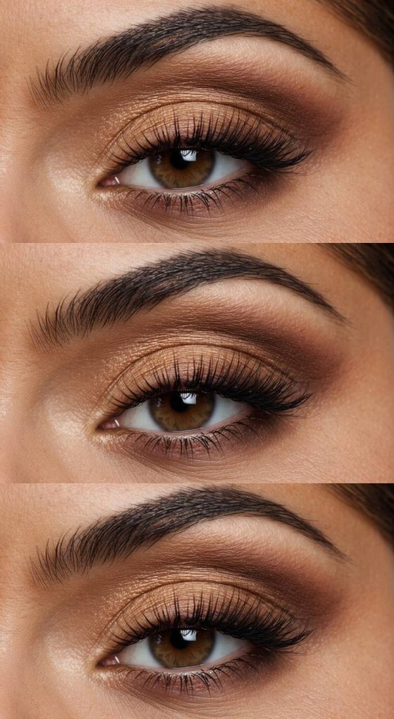 Close-up of brown smokey eye makeup idea with amber-toned shimmer on the lid and soft brown shadow creating natural-looking depth around the crease