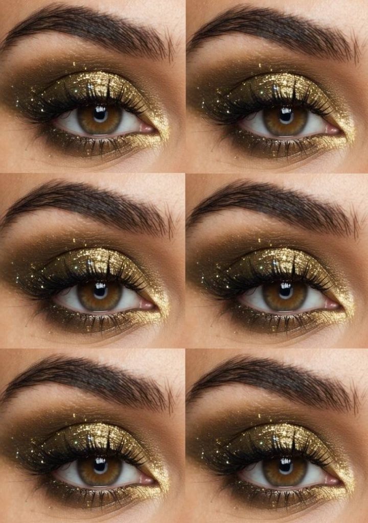Eye look with golden shimmer on olive green shadow and flecks of glitter, offering a luxe birthday party eye makeup idea.