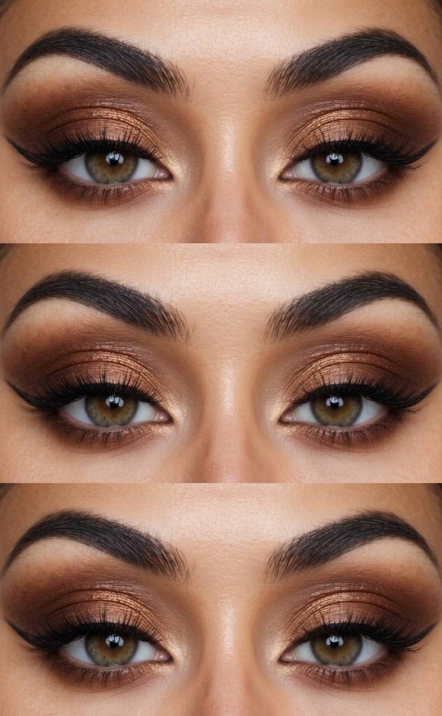 Close-up of brown smokey eye makeup idea with bold copper shimmer on the lid, seamless brown crease blending, and a soft gold highlight in the inner corner
