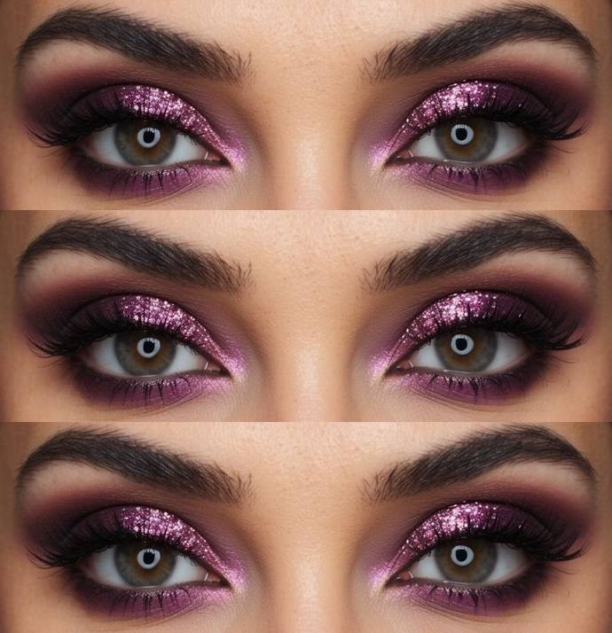 Eye look with magenta glitter shimmer and deep orchid blending—an intense and glamorous birthday party eye makeup idea.