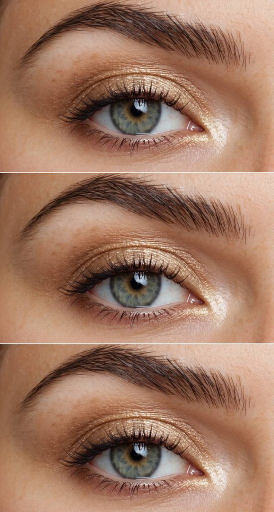 Eye with champagne gold shimmer shadow and soft lashes, presenting a chic take on a basic eye makeup idea.