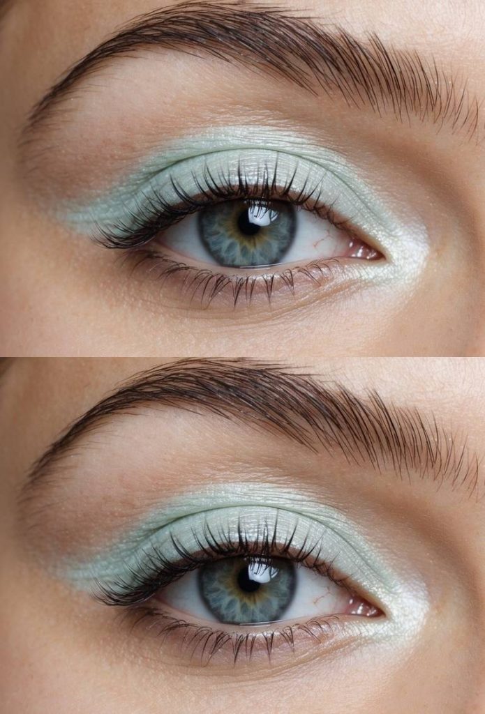 Eye with mint green pastel eyeshadow and defined lashes, illustrating playful and chic basic eye makeup ideas that break the mold.