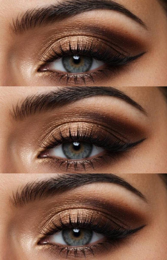 Close-up of brown smokey eye makeup idea with copper shimmer softly glowing on the lid, warm brown faded into the crease, and liner gently sweeping outward