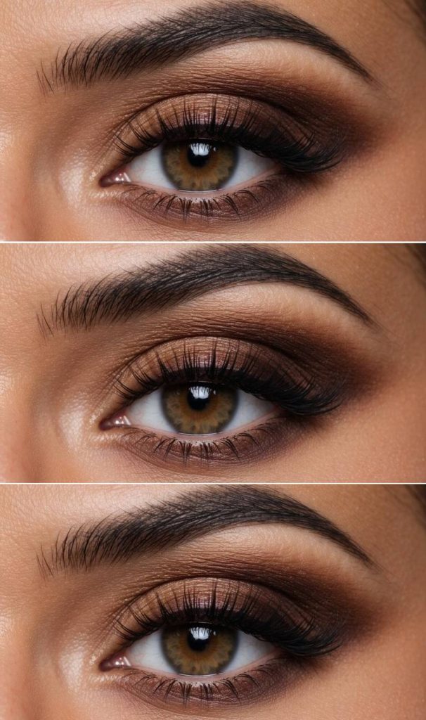 Close-up of brown smokey eye makeup idea with toasted bronze shimmer on the lid and warm brown smoked edges for a soft, blended glam look