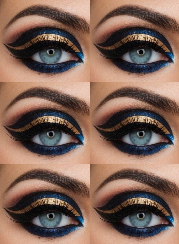 Creative eye makeup idea showing gold lined over navy and black shadow in a calligraphy-inspired layered design with sharp contrast.