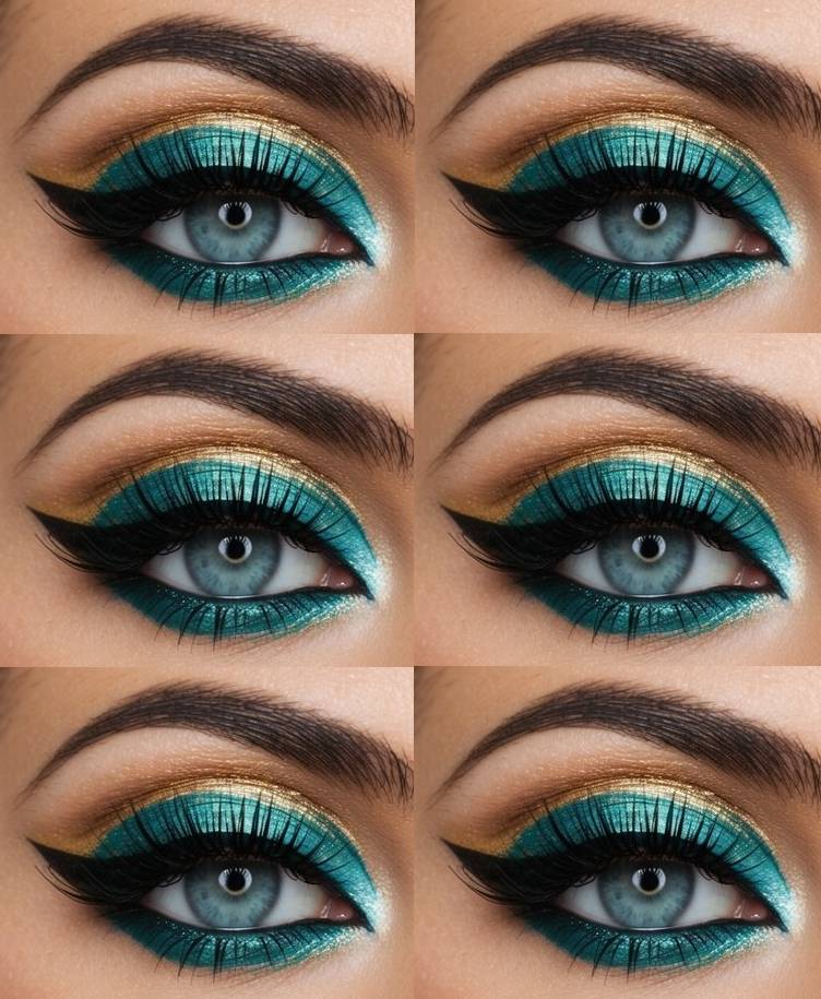 A creative eye makeup idea with sunset gold and teal shadows blended with black liner for a vibrant, tropical-inspired look.