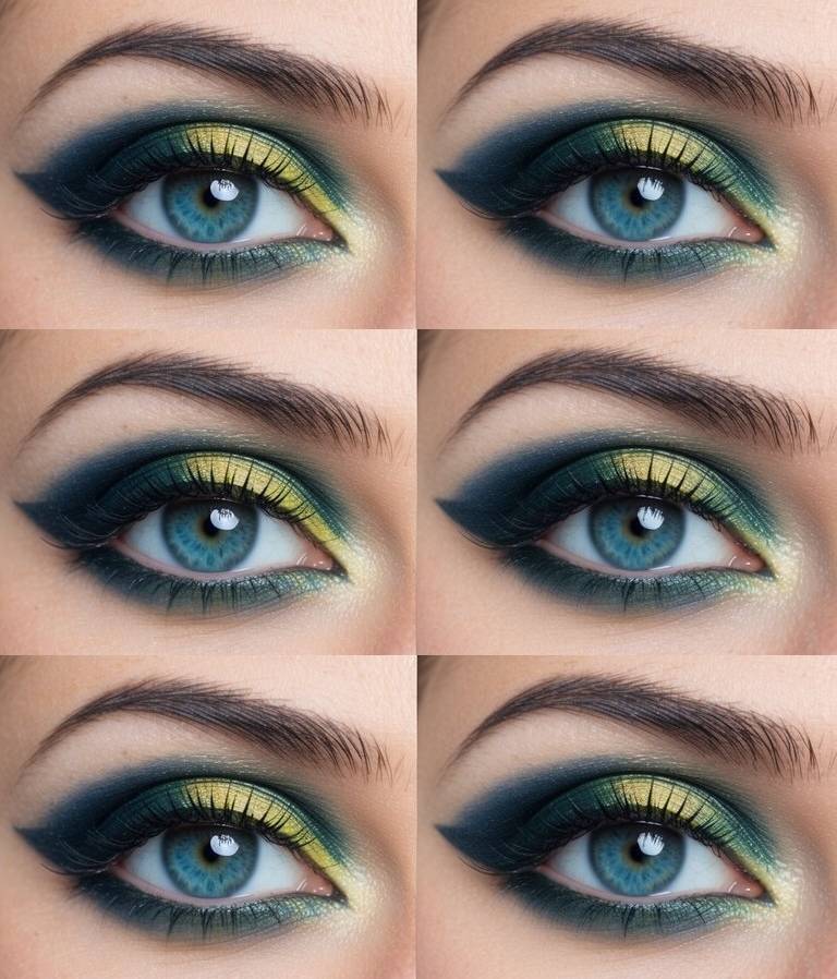 Creative eye makeup idea using lime-toned gold shimmer on the lid, deep green crease, and soft inner-corner highlights for a radiant finish.