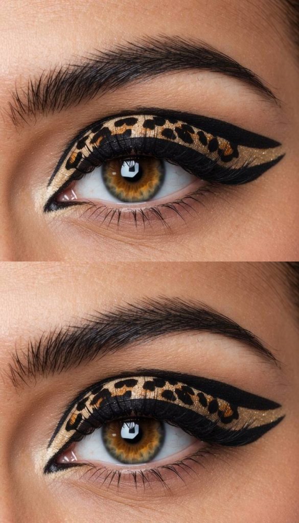 A creative eye makeup idea featuring leopard print shadow over a gold base with bold black graphic liner surrounding the entire crease and lash line.