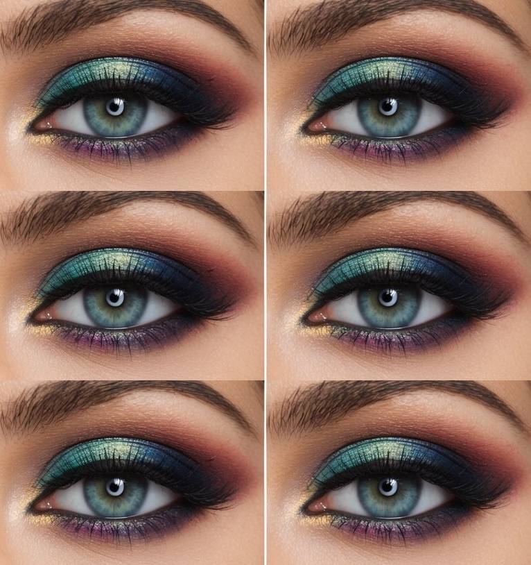 Creative eye makeup idea with teal shimmer, deep navy shadow, and purple-gold accents creating an oceanic, mermaid-like gradient.