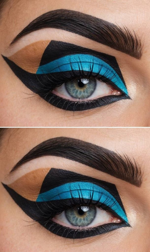 A creative eye makeup idea with graphic blocks of blue, bronze, and black, styled like an abstract cubist painting across the eye.