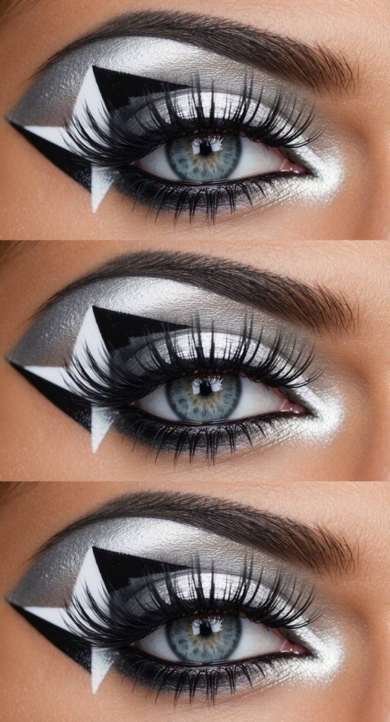 Creative eye makeup idea with sharp white and black graphic lines over a silver shadow base, creating a futuristic and bold lid design.