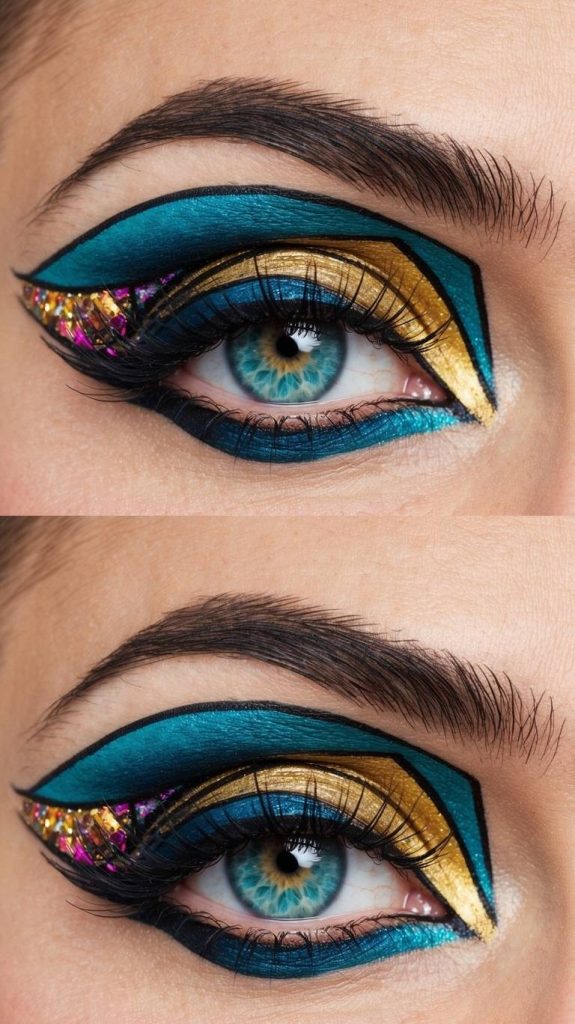 Creative eye makeup idea with teal and gold geometric layers outlined in black, accented by reflective glitter shards in the outer crease.