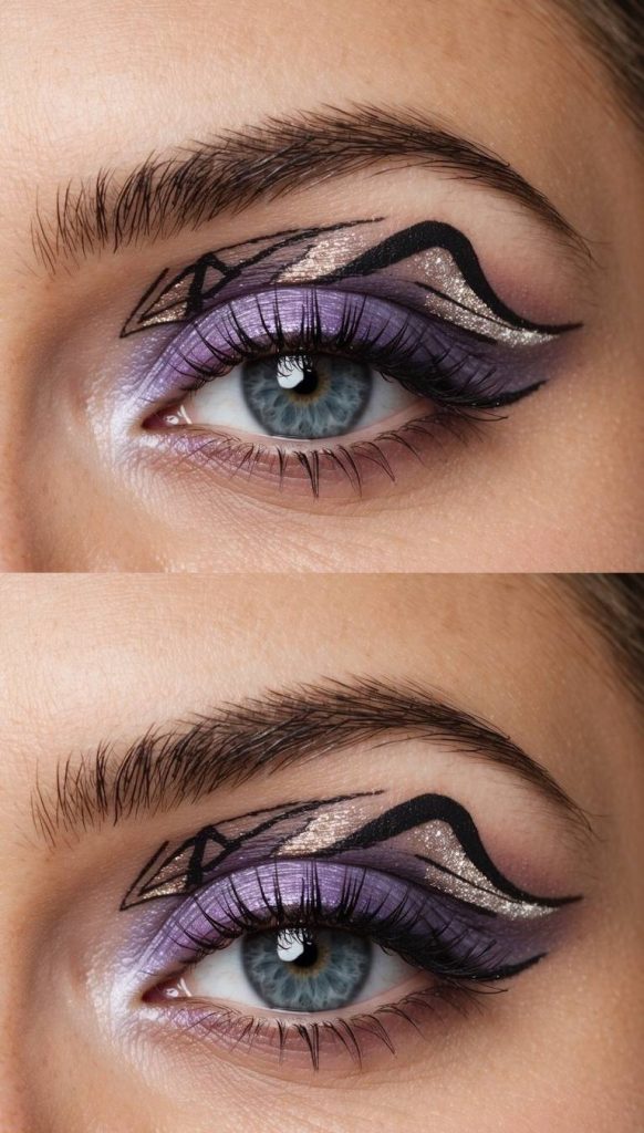 A creative eye makeup idea combining lavender eyeshadow and shimmering silver details with black graphic liner in a unique scribble-cut crease design.