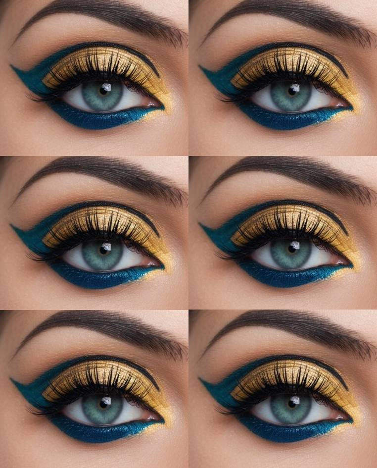 A creative eye makeup idea combining metallic gold eyeshadow with graphic teal liner wings and precise lower lash detailing.