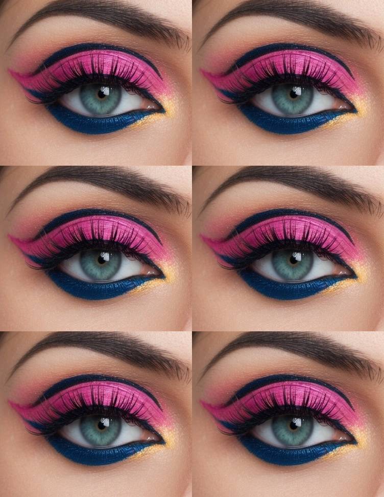 A creative eye makeup idea with bubblegum pink on the lid, navy along the lower lash line, and a golden yellow pop at the inner corner.