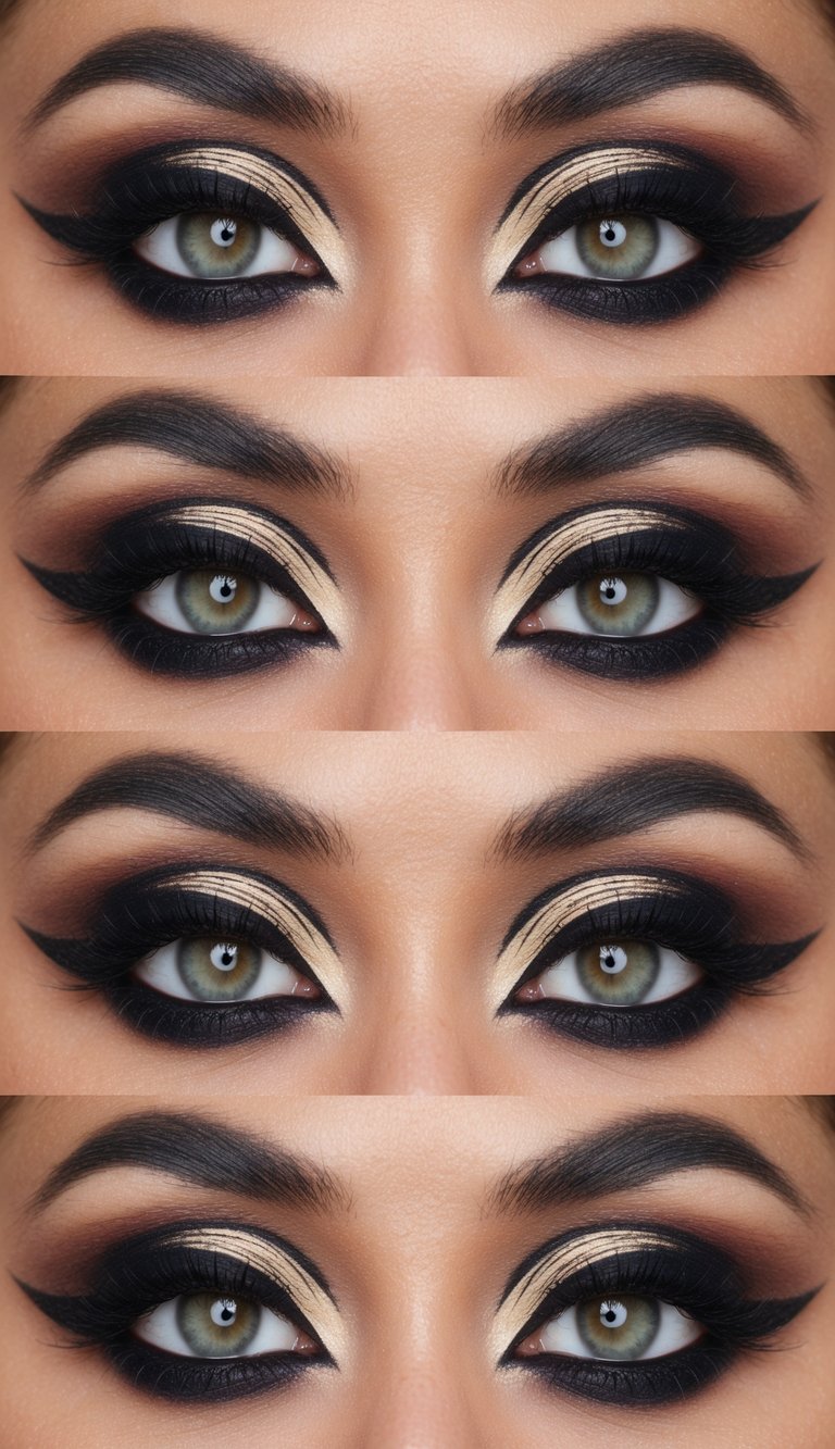 A creative eye makeup idea with metallic gold detail set between deep black shadows and soft smoke blending in the outer crease and lower lash line.