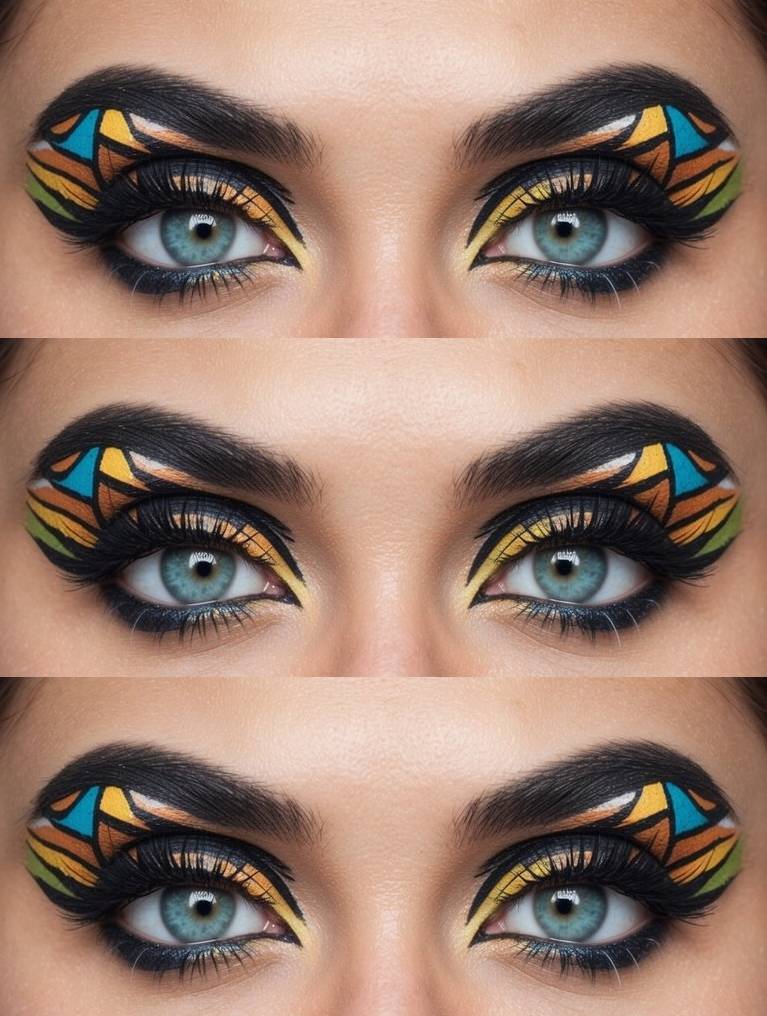 A set of three close-up images showcasing colorful and artistic eye makeup, featuring intricate geometric designs in blue, yellow, orange, and black around bright blue eyes with thick, black eyelashes.