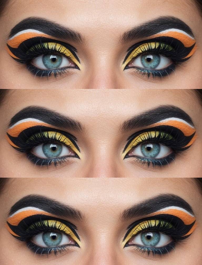 Creative eye makeup idea featuring layered orange, yellow, and black shadow with bold graphic stripes and sharp winged liner.