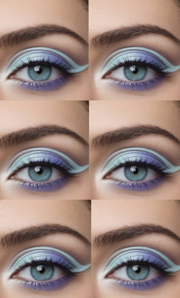 A creative eye makeup idea with pale blue and violet shadows, sculpted with a cut crease and soft frosted shimmer for an airy, cloud-like effect.