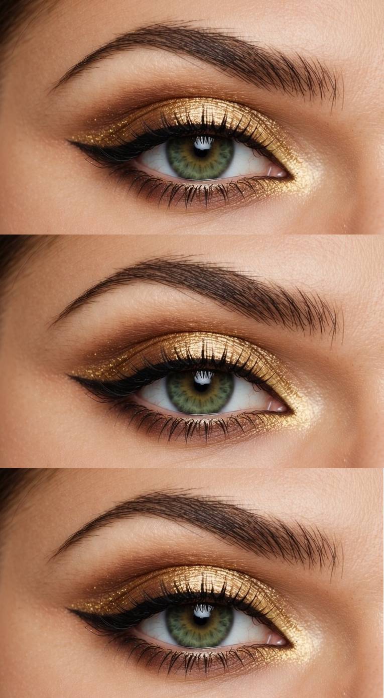 Three close-up views of a person's eye showcasing a makeup style with gold eyeshadow, black eyeliner, and mascara.
