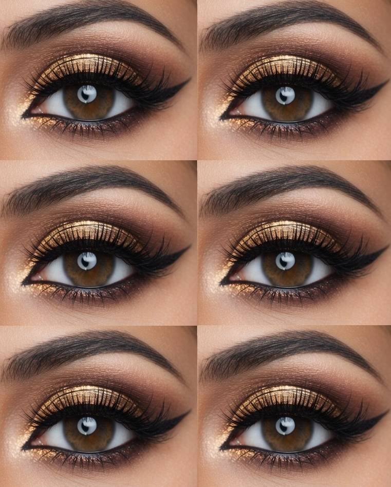 Molten gold shimmer eyeshadow with dark smoked crease and winged liner, showcasing a glamorous eye makeup idea for brown eyes.