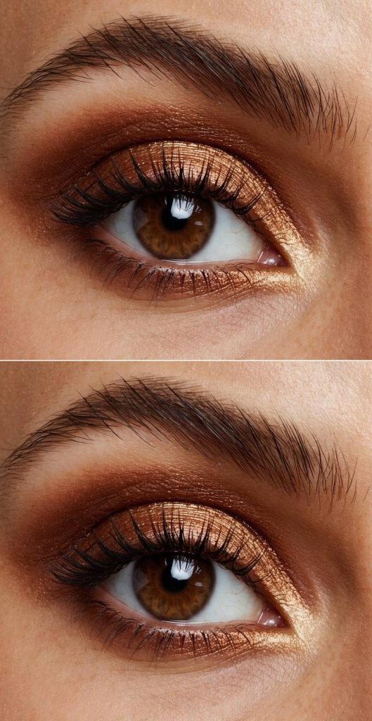 Sunlit copper shimmer eyeshadow with soft brown transitions, delivering radiant eye makeup ideas for brown eyes.