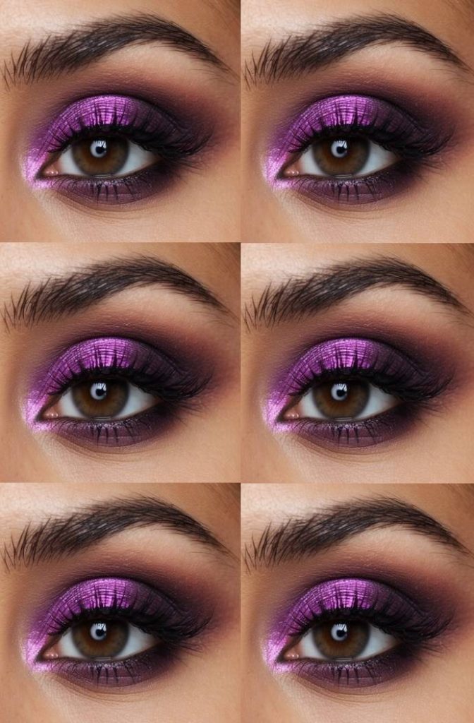 Vibrant violet shimmer and plum smokey eyeshadow creating a bold and electric eye makeup idea for brown eyes.