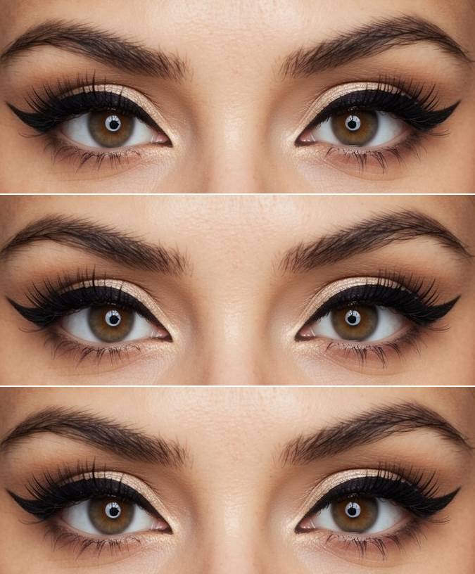 Champagne shimmer eyeshadow with bold winged liner, offering classic and polished eye makeup ideas for brown eyes.