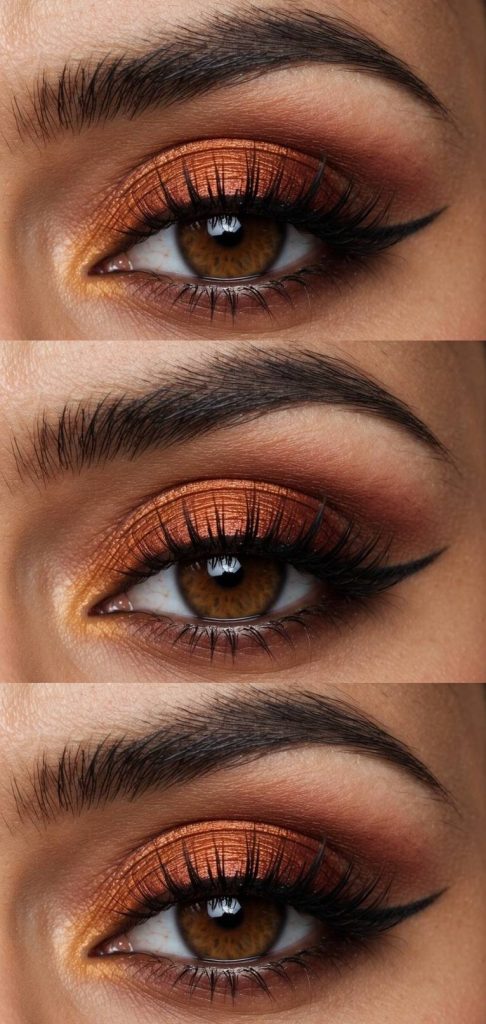 Cinnamon-toned copper shimmer and soft sienna eyeshadow offering a warm and glowy eye makeup idea for brown eyes.