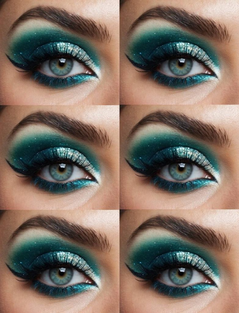 Fairy eye makeup idea showing bold silver shimmer on the lids, smoky teal eyeshadow through the crease, and soft glitter for a dramatic, eye-catching effect.