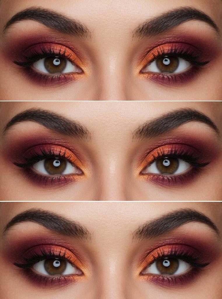 Blazing orange shimmer and burgundy smokey eyeshadow combo, inspired by sunset tones for dramatic eye makeup ideas for brown eyes.