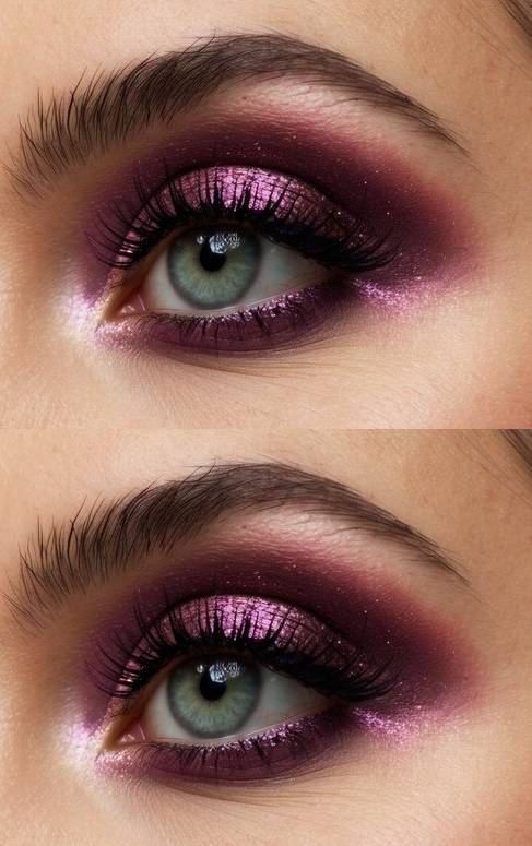 Close-up of a fairy eye makeup idea with rich plum and burgundy shadow, paired with shimmering pink across the lids and inner corners for high-impact glam.