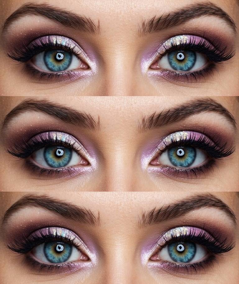 A fairy eye makeup idea shown with soft lilac and pink shimmer shadows, lightly smoked with plum and topped with micro-glitter for a radiant finish.