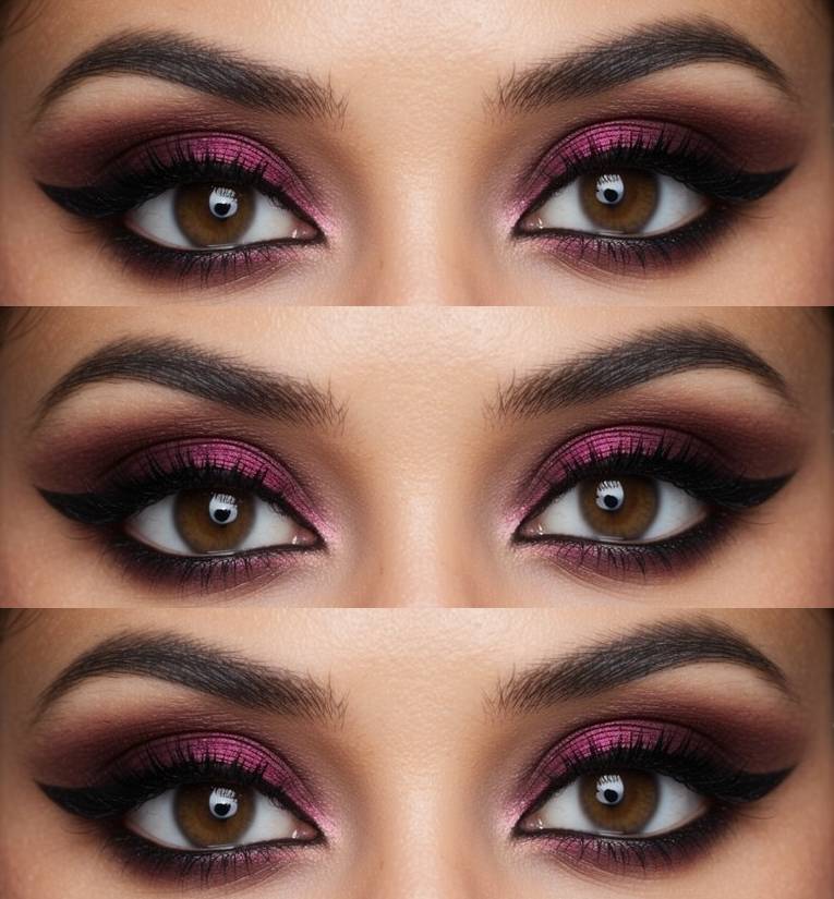 Fuchsia shimmer eyeshadow with bold black liner and plum smokey edges, delivering daring eye makeup ideas for brown eyes.