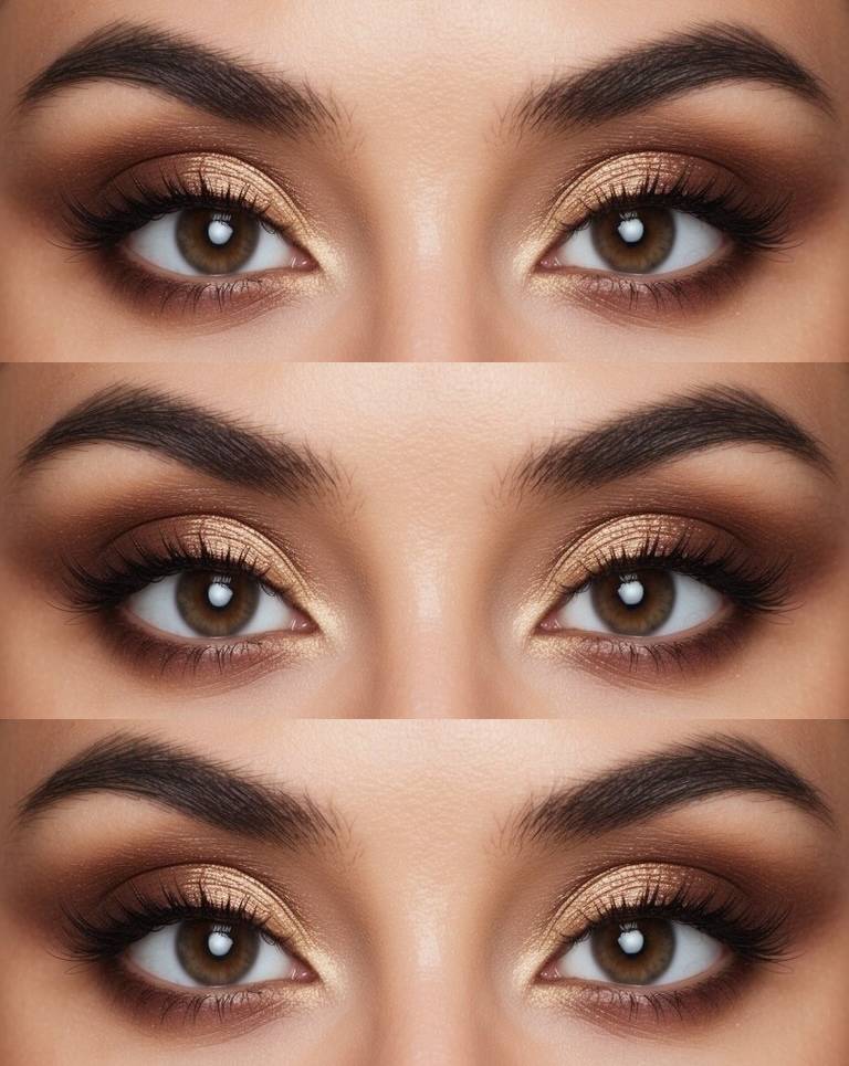 Shimmery gold and warm brown eyeshadow blending together for radiant and glowing eye makeup ideas for brown eyes.