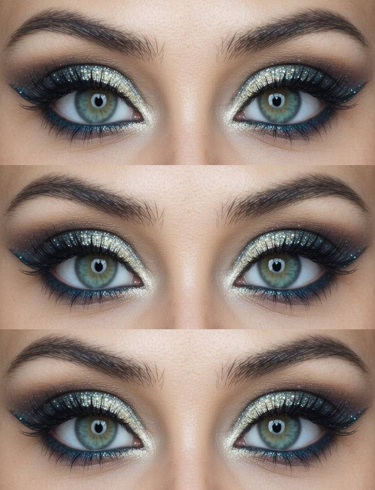 A fairy eye makeup idea using gold shimmer shadow paired with dark blended edges and teal lower lash detail, framed by long lashes and clean brows.