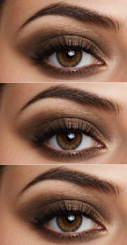 Soft mocha and gold shimmer eyeshadow creating an approachable and luminous eye makeup idea for brown eyes.