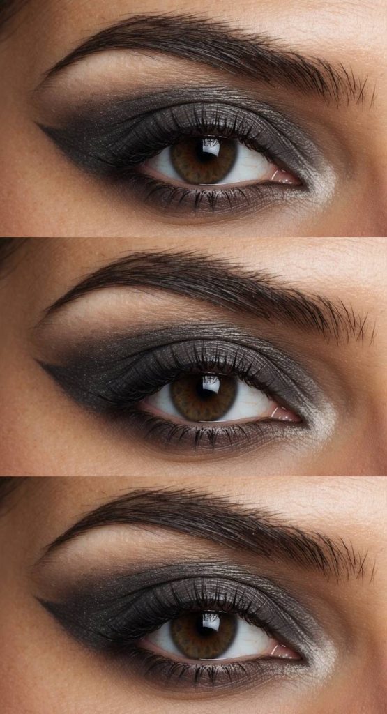 Dramatic charcoal and silver halo smokey eye makeup ideas for brown eyes with intense outer shading and shimmer accents.