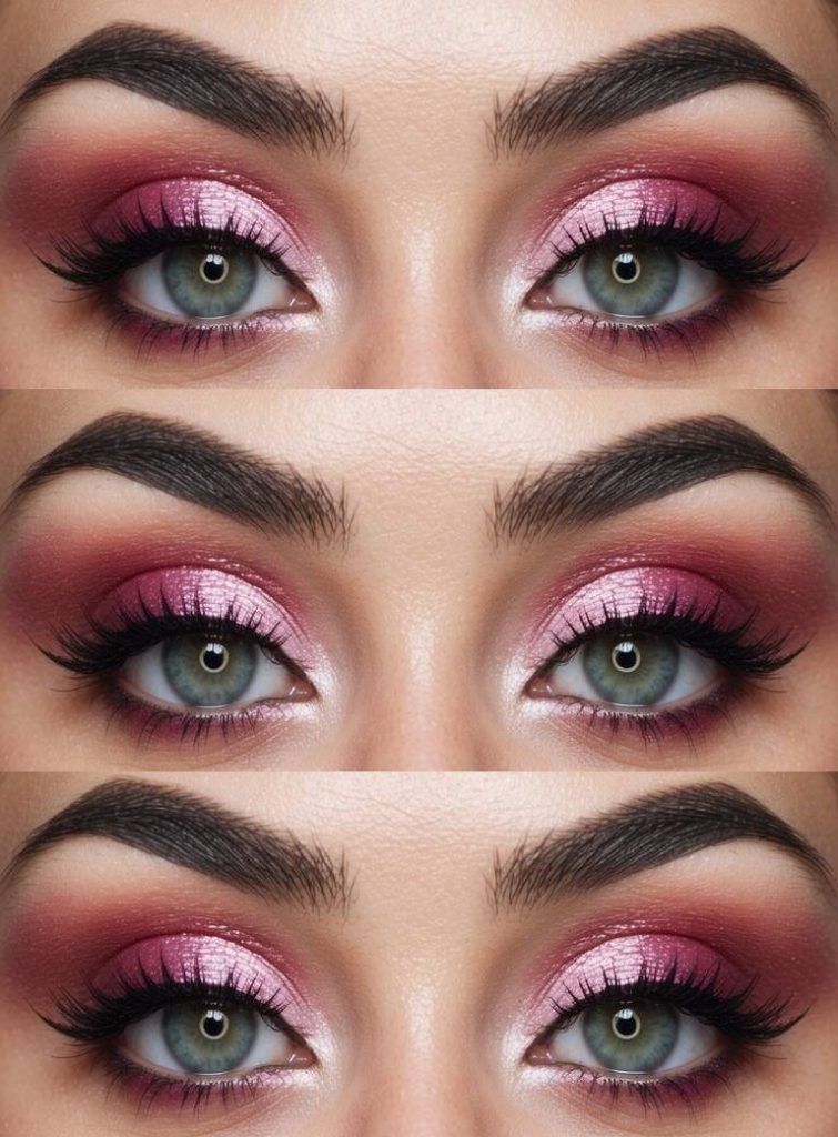 Fairy eye makeup idea with shimmering blush-pink shadow on the lids, deep berry tones in the crease, and soft inner highlights that add light and contrast.