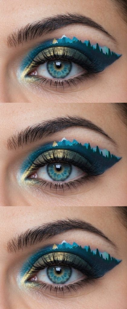 Close-up of fairy eye makeup idea showing teal and gold shimmer, with sharp mountain-shaped cut crease and deep green winged shadow.