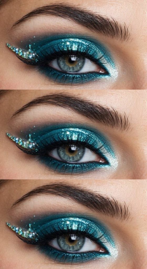 Close-up of a fairy eye makeup idea with bold teal shimmer, black liner, and sparkling sequins fanned out at the outer eye for a winged effect.