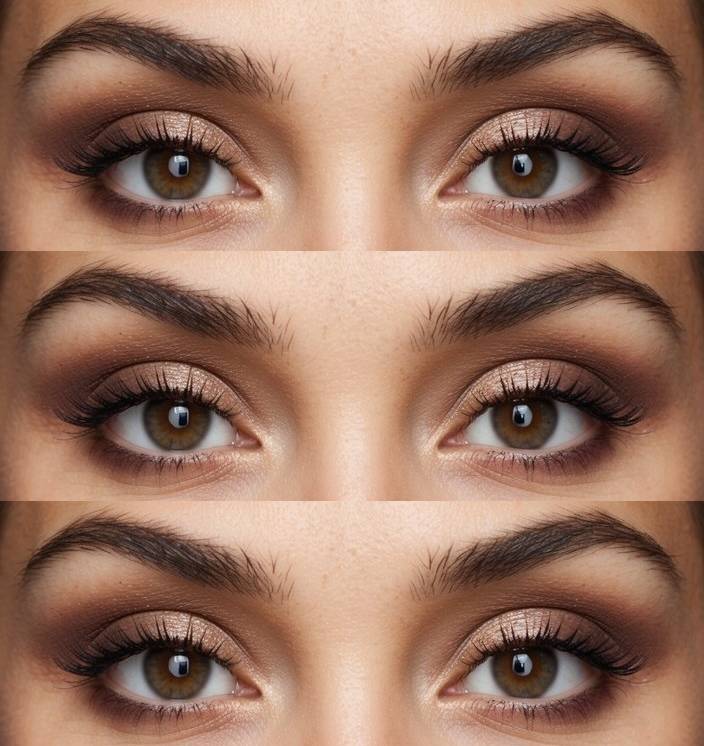 A playful blend of peach shimmer and brown eyeshadow, perfect for creative eye makeup ideas for brown eyes.