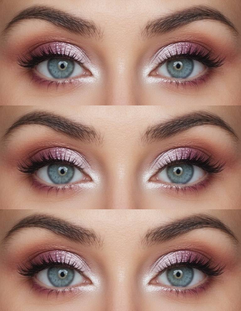 Fairy eye makeup idea featuring soft pink shimmer on the lids, blended with mauve edges and bright pearl shimmer on the inner corners.