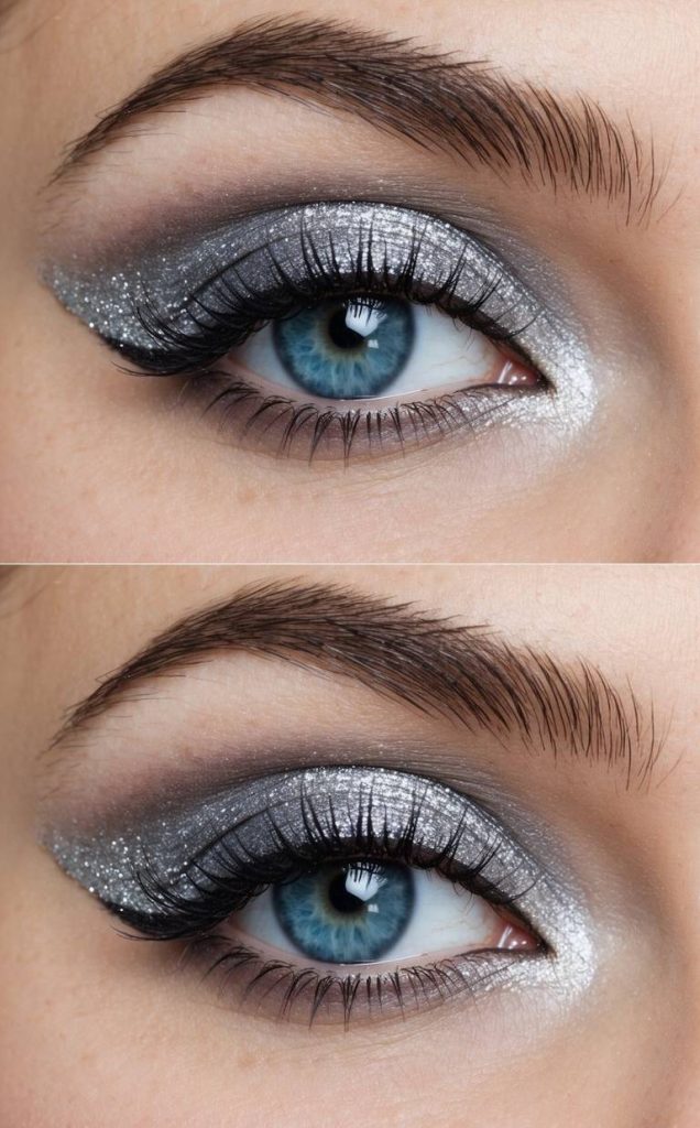 Close-up image showing an eye makeup idea for blue eyes with silver glitter eyeshadow, charcoal smokey crease, defined lashes, and a clean brow for a dramatic evening look.